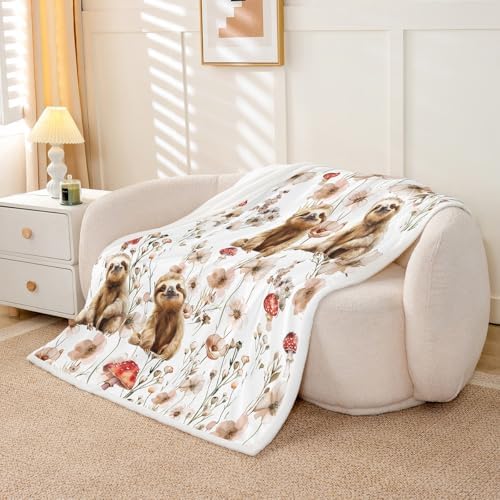 Erosebridal Kawaii Sloth Blankets and Throws 60"x80",Mushroom Sloth Blanket Throw for Girls Women,Cute Animal Print Fleece Blanket Farmhouse Wild Flower Sherpa Blanket for Bedroom Decor