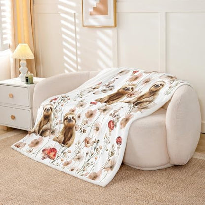 Erosebridal Kids Sloth Blanket Throw 50"x60",Mushroom Sloth Blankets and Throws for Girls Boys,Kawaii Animal Print Fleece Blanket Country Cottage Style Floral Sherpa Blanket for Bed Couch Decor
