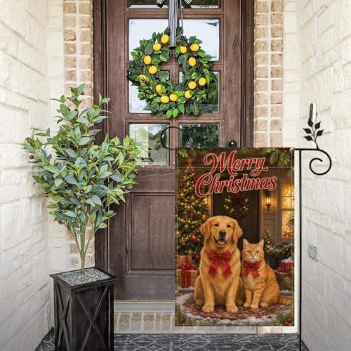 Christmas Pet Garden Flag 12x18 Inch Merry Holiday Golden Retriever Orange Cat Red Bows Tree Gifts Snowy Farmhouse Outdoor Yard Lawn Porch Double Sided Banner Welcome Decor