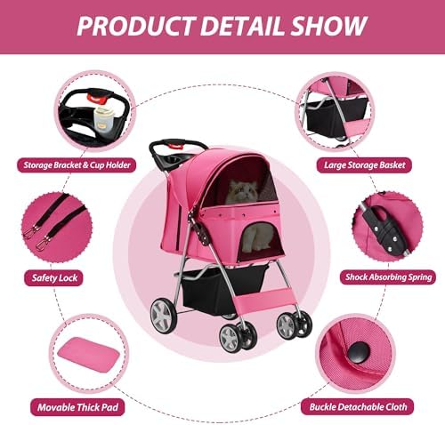 Unisakey Foldable 4-Wheel Pet Stroller for Dogs Cats 10-33lbs, Pink