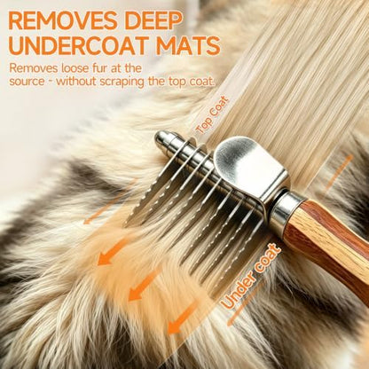 Pet Dematting Comb for Dogs & Cats, 45° Stainless Steel Undercoat Rake Removes Mats, Knots, Tangles & Loose Fur, Grooming Brush for Long & Short Haired Pets, Ergonomic Natural Bamboo Handle