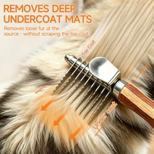 Pet Dematting Comb for Dogs & Cats, 45° Stainless Steel Undercoat Rake Removes Mats, Knots, Tangles & Loose Fur, Grooming Brush for Long & Short Haired Pets, Ergonomic Natural Bamboo Handle