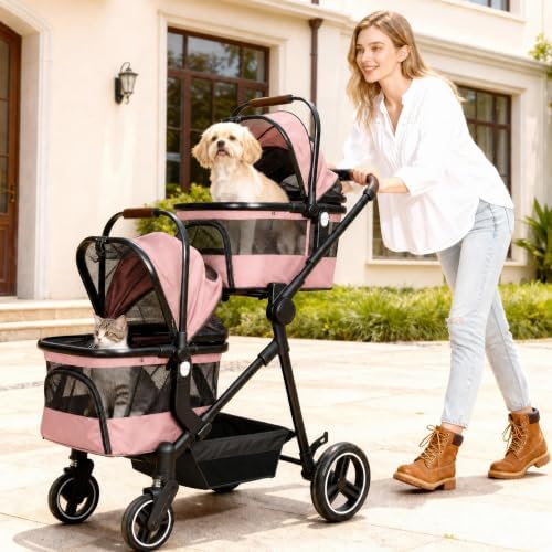 Foldable Double Pet Stroller for 2 Small Medium Cats Dogs