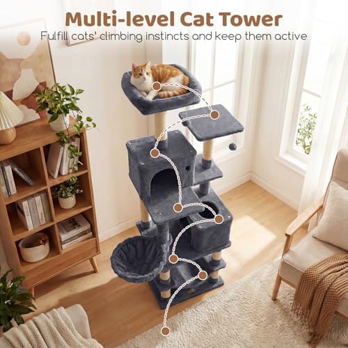 DORTALA Cat Tree for Indoor Cats, 66" Tall Cat Tower with 2 Condos, Sisal Scratching Posts, Plush Perch, Hammock, Dangling Balls, Multi-Level Pet Climbing Furniture Activity Center (Dark Gray)