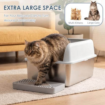 Suzzipaws XL 8" Deep Enclosed Stainless Steel Cat Litter Box for Big Cats