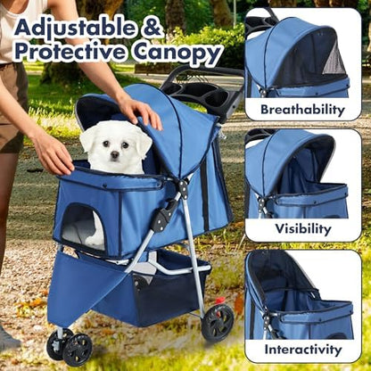 3 Wheel Pet Stroller for Dogs and Cats, Foldable Design