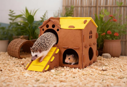 Felt Guinea Pig Hedgehog Hamster Ferret House, 2 Layer with Window Slider, Cozy Small Animal Hideout