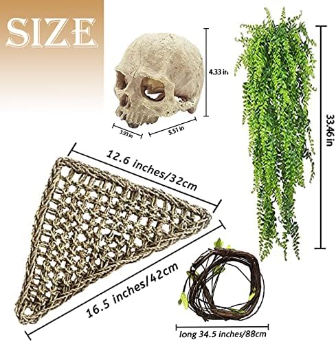 Bearded Dragon Skull Hide Decor,Reptile Natural Seagrass Hammock Lizard Lounger Reptiles Tank Accessories Jungle Climber Bendable Vine Habitat Decorations for Chameleon Spider Snakes(4Pcs)