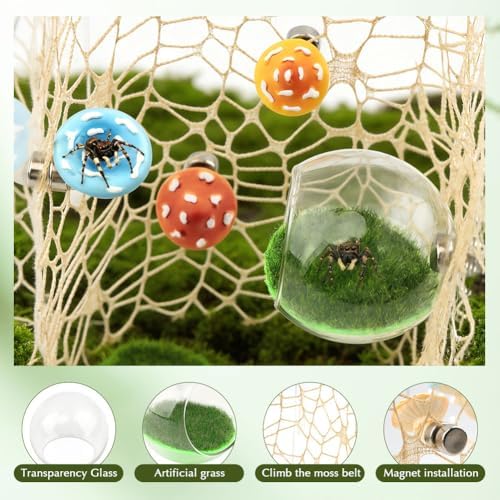Jumping Spiders Hide Accessories, Glass Ball Hide Habitat Mushroom Platform, Small Spiders Enclosure Accessories with Artificial Grass and Nets for Climbing Resting