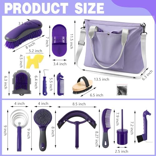 Abbylike 15 Pieces Horse Grooming Kit with Organizer Tote Bag Tack Room Supplies Horse Brush Sets Care Equine Cleaning Kit Shedding Grooming Massaging Tools(Purple and Grey)
