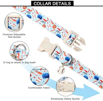 Lionet Paws Light Blue Summer Dog Collar Baseball Collars with Cute Baseballs Pattern Pendant - Female Male Boy Dog Collar for Small Medium Dogs XS