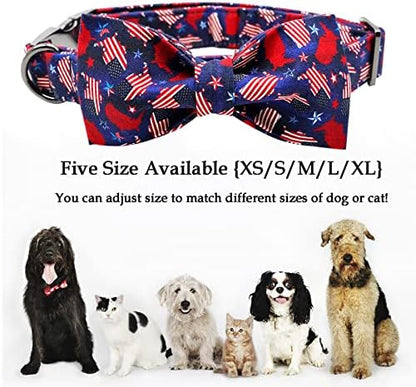 Dog Collar, 4 of July Independence Day American Flag Dog Bow Collar Boy Soft Pet Collar Bowtie Duarble Puppy Collars for Small Medium Large Dog