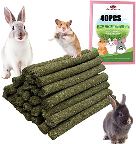 ANDES Rabbit Chew Toys 40pcs Timothy Hay Sticks About 14oz/400g Hamster Molar Snacks Handmade are Perfect Food Accessories for Bunny Guinea Pigs Rats Chinchillas Gerbils (40pcs Timothy Hay Sticks)