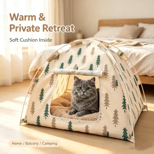 Portable Pet Tent Cave Bed with Removable Washable Mat, Indoor Pet Kennel