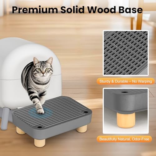 Litter Box Step, Litter Box Ramp/Catcher with Wooden Base, Anti-Tracking & Easy to Clean, Ideal for Small & Elderly Cats 11.8"x7.9"x3.6" (Dark Gray)