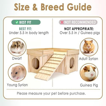 Wooden Hamster Hideout,Dwarf Hamster Hide House with Platform & Bowl & Ladder,Small Hamsters Maze Hut Hides Habitats Decor Cage Accessories for Gerbils,Mice,Mouse