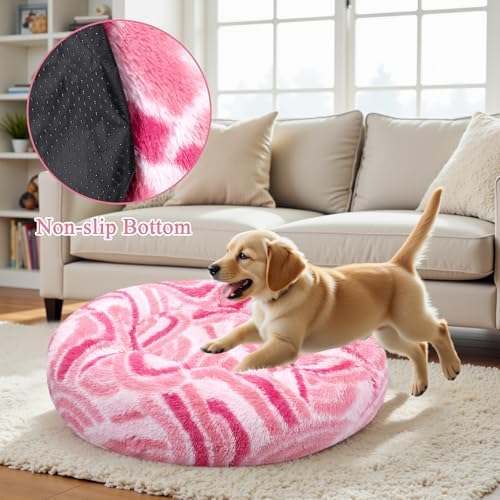 Calming Donut Dog Bed for Small Dogs, Fluffy Round Sofa Burrow Bed, Orthopedic Waterproof Anti-Anxiety Pet Beds with Supportive Edge, Washable Soft Plush Cat Beds with Non-Slip Bottom