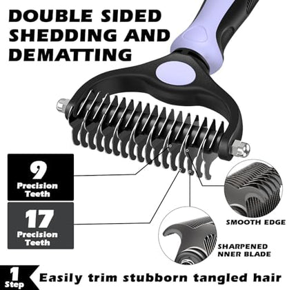 Professional 3PCS Self Cleaning Slicker Brush & Pet Grooming Rake & Flea Comb for Dogs,Cats and Horses | Double-Sided Dematting Comb & Skin Friendly Deshedding Grooming Tool (Light Purple)