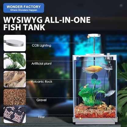 Nano Desktop Betta Fish Tank Set, 2.7 Gallon Glass Aquarium Hidden Bottom Filtration System Self Cleaning Filter Light Gravel Plant Cleaning Tool, for Small Space Easy Setup Space-Saving Design