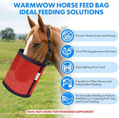 Horse Feed Bag Pack of 2 (Reinforced Bottom Edging), Feed Bags for Horses with Ventilation Mesh, Comfort Nose Pad Neck Pad, Adjustable Strap, Spill Proof Design for Feeding Grain, Supplements
