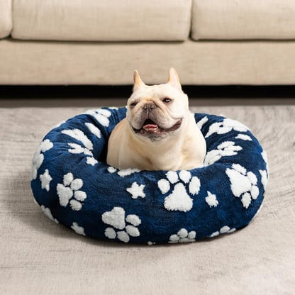 Round Cat Beds for Indoor Cats, Small Donut Dog Beds, Navy Blue, 20"