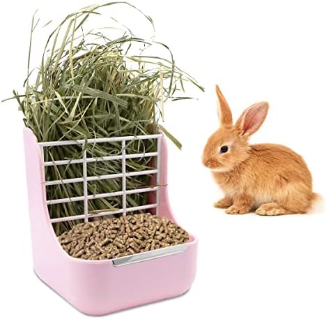 Litewoo Rabbit Hay Feeder 2 in 1 Automatic Guinea Pig Food Bowl, Pink