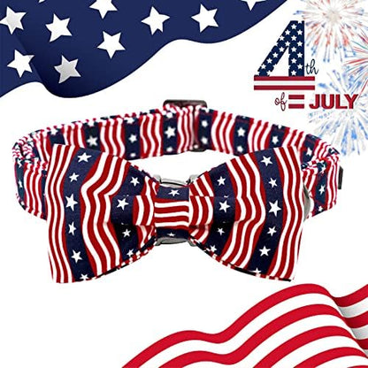 Lionheart glory American Flag Dog Collar, 4 of July Dog Bow Collar Heavy Duty Adjustable Patriotic Dog Collar with Bowtie for Small Dogs Pet Gift