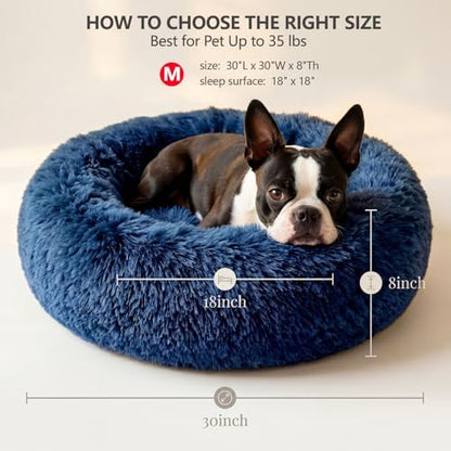 Calming Dog Bed for Medium Dogs Washable Donut 30 inches Anti-Slip Pet Bed,Round Fluffy Plush Faux Fur Cat Bed,Fits up to 45 lbs Pets,Navy Blue