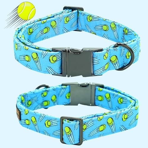 Dog Collar-Tennis Balls Print Adjustable Pet Collar Cute Cotton Soft Collars with Bow Tie Spring Summer Metal Buckle Puppy Collar Gift for Large Dogs