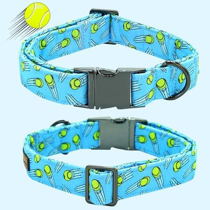 Dog Collar-Tennis Balls Print Adjustable Pet Collar Cute Cotton Soft Collars with Bow Tie Spring Summer Metal Buckle Puppy Collar Gift for X-Large Dogs