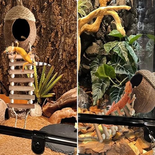 5 PCS Gecko Tank Accessories,Gecko Coconut Hide with Ladder Reptile Terrarium Plants Hammock Climbing Flexible Jungle Vine Tank Decor for Crested Gecko,Baby Bearded Dragon,Chameleon,Snake