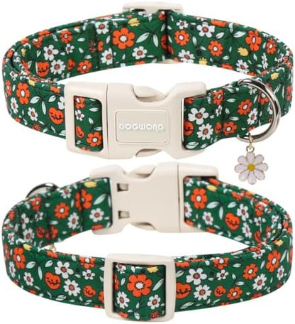 DOGWONG Fall Floral Dog Collar, Green Pumpkin Flower Pretty Cute Girl Dog Collar,Girl Female Dogs Collars for Small Medium Dogs, Neck 11-16 inches