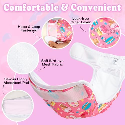 Pet Soft Female Dog Diapers, 3 Pack Washable Dog Diapers Female for Dogs in Heat Reusable Dogs Period Panties, Puppy Diapers (Food, M)