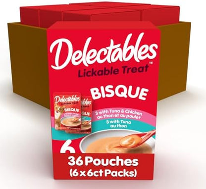 Delectables Lickable Treat Bisque Wet Cat Treat Variety, Food Topper, Hydrating, Grain-Free, No Fillers, By-Products, Added Preservatives, 1.4oz Pouch 36ct
