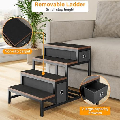 kepptory Dog/Cat Window Perch with Stairs and Seat Cushion, Pet Bunk Bed with Storage Drawers, Bedside Dogs Cot for Small, Medium Cats & Dogs, Pet Stairs Ramp(Brown)