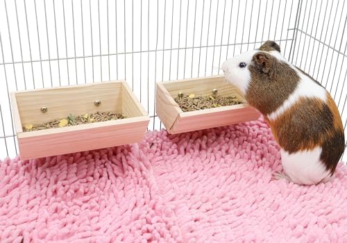 2 Pcs Guinea Pig Food Bowls, Wooden Chinchilla Feeder Box & Feeding Dish