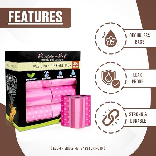 Parisian Pet Ecofriendly Dog Poop Bags Rolls - 320 Count Unscented Poop Bags For Dogs - Leakproof, Extra Thick, 16 Dog Waste Bags Refill Rolls - Stripes Dots Pink Doggie Poop Bags
