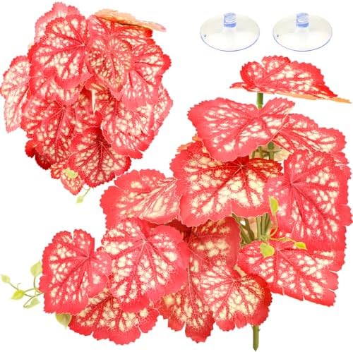 QUOZUO 2 Pack Reptile Plants for Terrarium, Artificial Leaves Habitat Decorations with Suction Cups, Terrarium Hanging Plants Vines for Bearded Dragons Lizards Snake Geckos Frogs - Red
