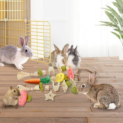 Jorewood Rabbit Chew Toys Bunny Cage Hanging Toy and Treats Rattan Ring with Snacks for Rodent Pets Teeth Healthy