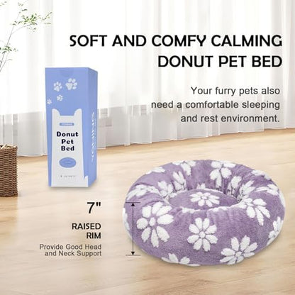 Donut Dog Beds, Calming Round Cat Beds for Indoor Cats, Purple, 23"