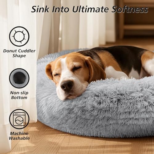 JOLLYVOGUE Calming Dog Bed Medium Size Dog, Anti-Anxiety Donut Medium Pet Bed, 27 inches Fluffy Faux Fur Round Cat Bed (Smoke Grey)