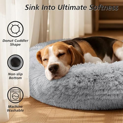 JOLLYVOGUE Calming Dog Bed Medium Size Dog, Anti-Anxiety Donut Medium Pet Bed, 27 inches Fluffy Faux Fur Round Cat Bed (Smoke Grey)