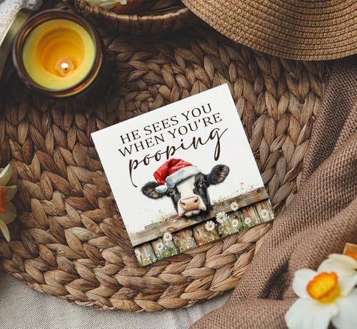 Christmas cows Home Bathroom Decor Sign - Farmhouse Western Christmas Animal Bathroom Decor,Rustic Farm Animal He Sees You When You're Pooping Signs,cows Gifts for Women
