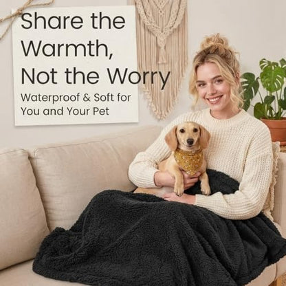 Black Waterproof Calming Pet Blankets for Dogs Reversible Fluffy Sherpa Fleece Pets Blanket for Dog Cats Warm Couch Sofa Beds Covers Washable (Black,XL-85x57in)