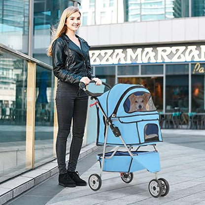 BestPet | 3-Wheel Foldable Pet Stroller | Blue | Lightweight & Portable