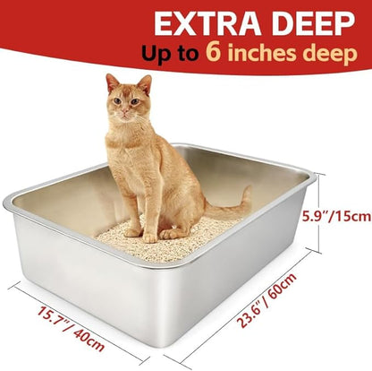 ULIGOTA Stainless Steel Cat Litter Box, Large (24" x 16" x 6"), Metal for Kitty and Rabbits, No Odor Left & Non Stick Surface