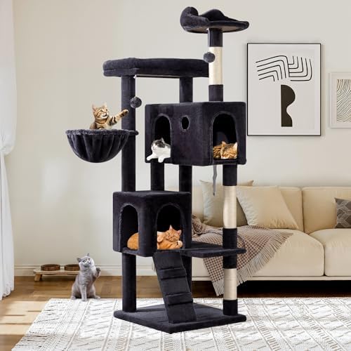 Allewie 64 Inches Multi-Level Cat Tree Tower for Indoor Cats, Dark Grey