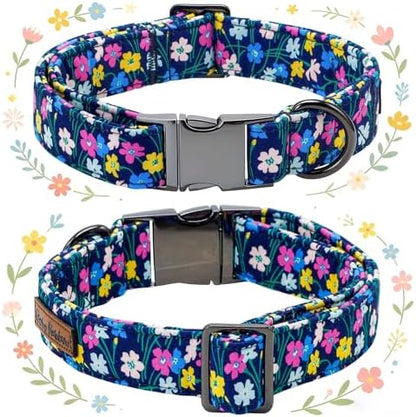 Dog Collars, Spring Summer Floral Print Pet Collar Navy Blue Adjustable Cotton Dog Collar with Bow Metal Buckle Bowtie Collars for X-Large Dogs