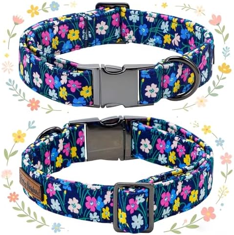 Dog Collars, Spring Summer Floral Print Pet Collar Navy Blue Adjustable Cotton Dog Collar with Bow Metal Buckle Bowtie Collars for X-Small Dogs