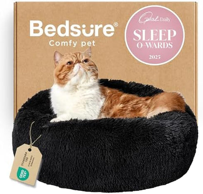 Bedsure Calming Cat Beds Donut Round Washable Kitten Bed,20 inches Black